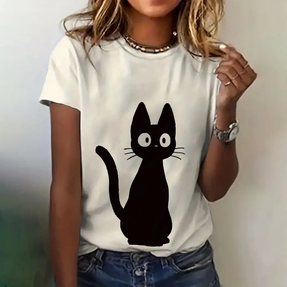 T-shirt à manches courtes imprimé chat pour femmes, vêtements décontractés d'été, haut tendance, col rond, t-shirt élégant