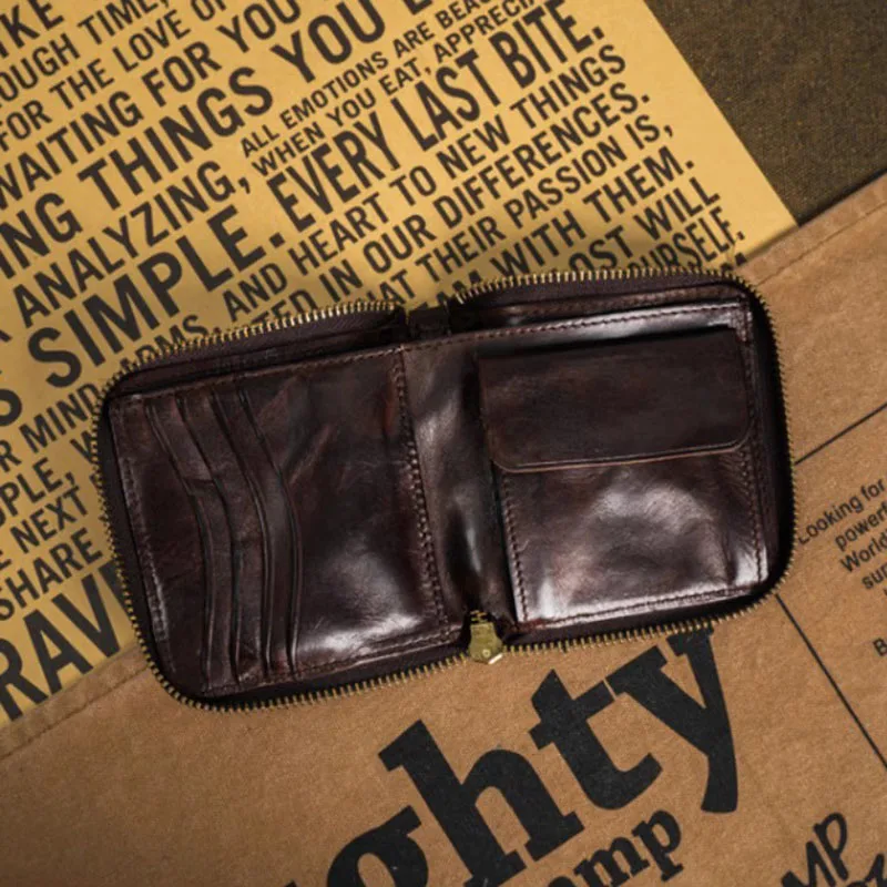 AETOO  European and American retro short zipper top layer cowhide wallet, genuine leather handcrafted wallet, men's horizontal w