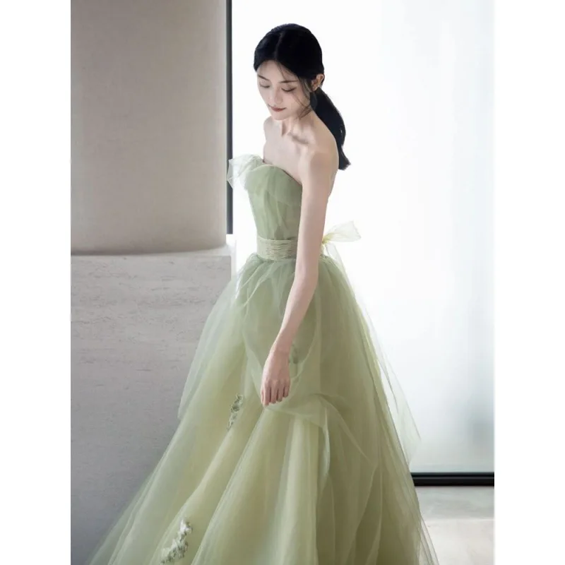 Vestido verde de quinceañera sin tirantes, traje elegante de tul bordado, ajustado con lazo de encaje, para fiesta de cumpleaños, boda escalonada de lujo