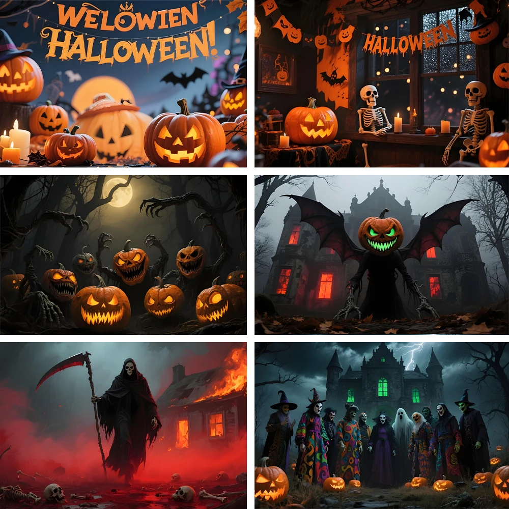 

Halloween Theme Party Decorations Backdrop Horror Night Haunted House Scary Cemetery Skull Witch Photography Background Decor