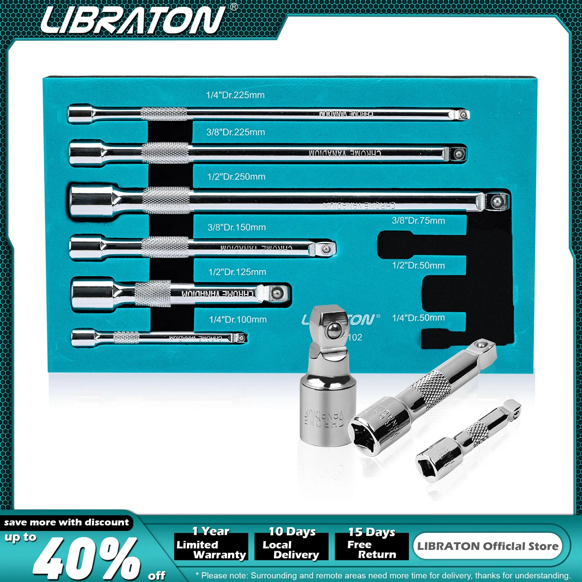 Libraton 9Pcs Wobble Extension Set 1/4\'\' 3/8\'\' 1/2\'\', Wobble Socket Extension Set, Drive Socket Extension Bars