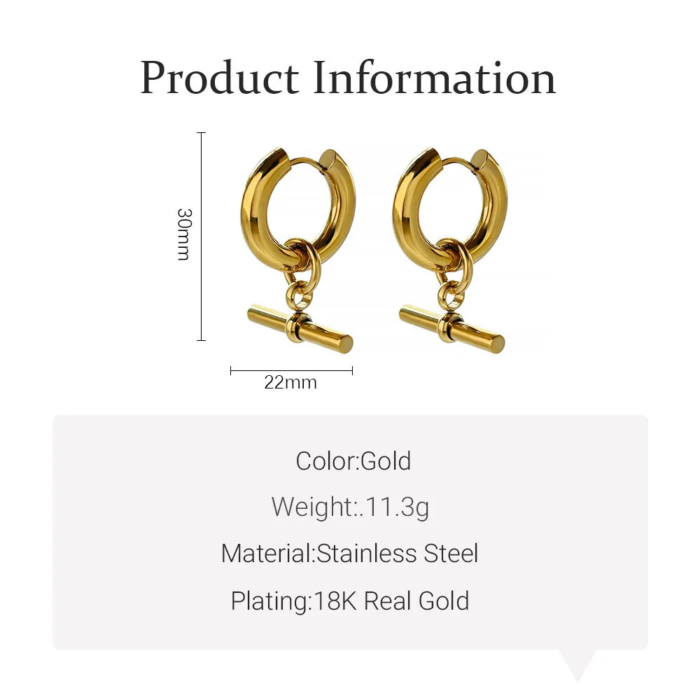GHIDBK Vintage Stainless Steel T Bar Pendant Hoop Earrings for Women Metal Circle Huggie Earrings acero inoxidable joyería