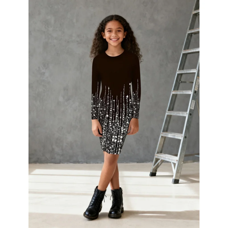 2025Girls Long Sleeve Dress - Glitter Starry Gradient Print Bodycon Dress for Kids, Trendy Party Cocktail Fashion Dress