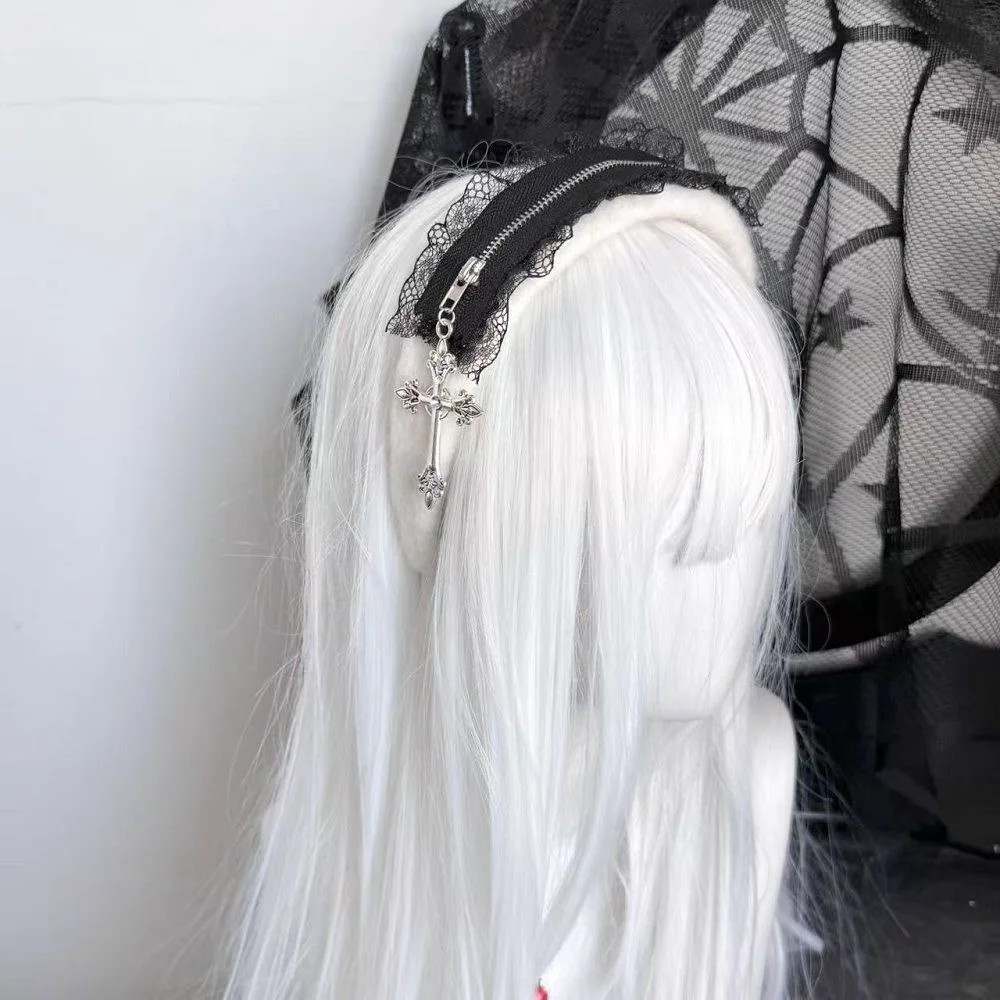 Y2K Gothic Lolita JK Cerchietto per capelli con bordo increspato KC Donna Ragazza Cosplay Fasce per capelli nere scuri Accessori per capelli Landmine