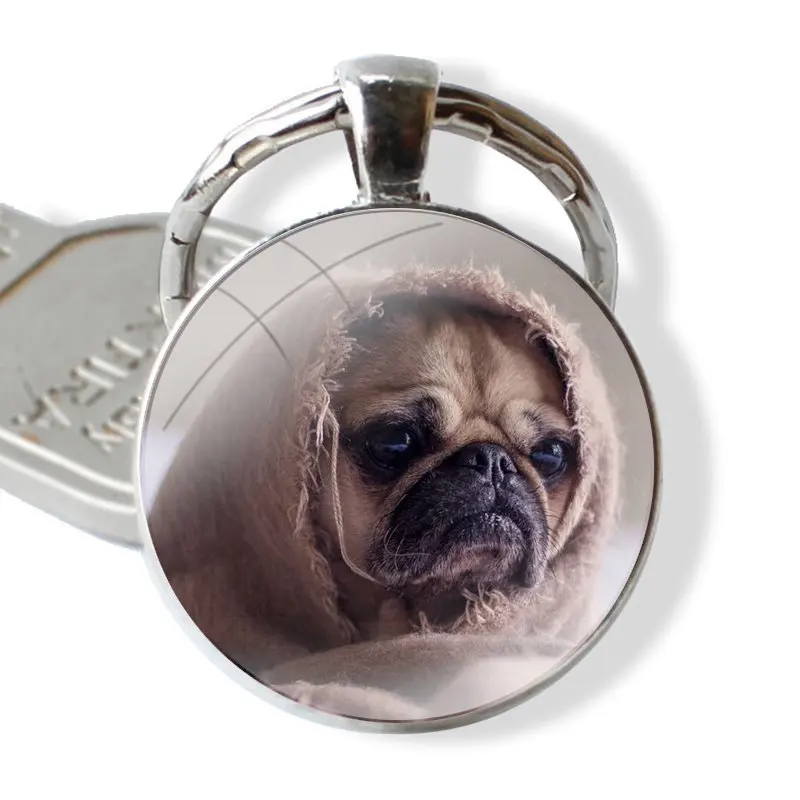 Funny Cute Pug Glass Metal Pendant Key Chain Classic Men Women Key Ring Accessories Jewelry Gifts