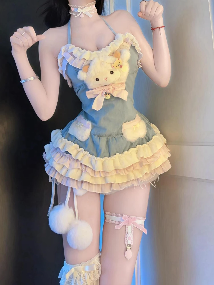 Summer Sweet Japanese Style Lolita Woman Dress Y2k Chic Design Halter Neck Bow Dress Fashion Patchwork Cake Female Short Dress