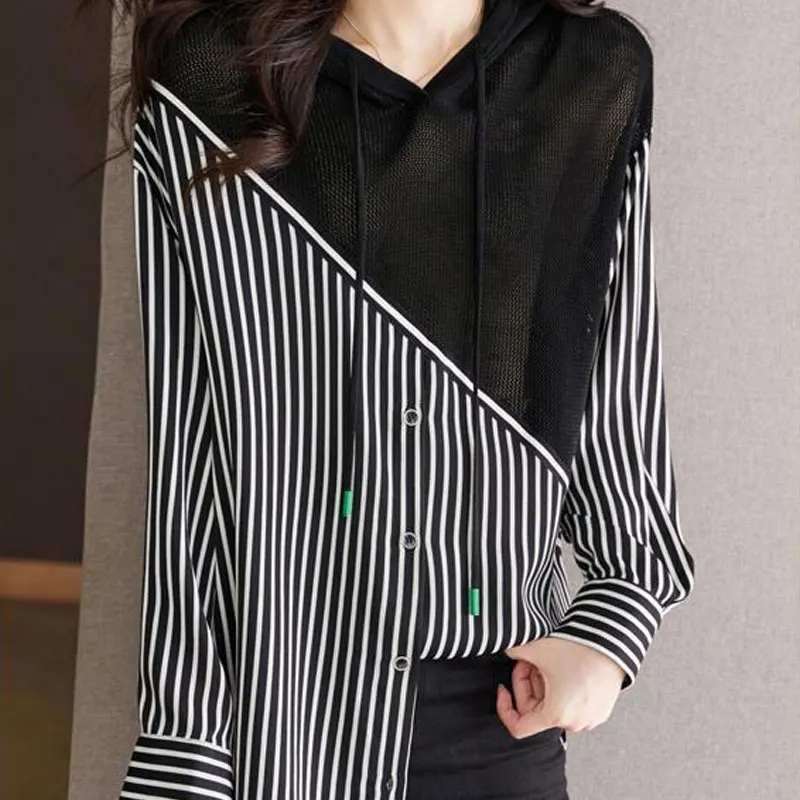 High Street Striped Patchwork Knitted Shirt Female Clothing Hooded Drawstring Spring Autumn Long Sleeve Korean Loose Midi Blouse