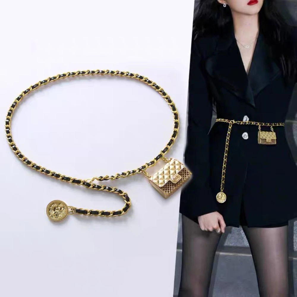 Retro waist chain women with sweater skirt metal pouch decorative chain woven ins style suit thin belt waist seal