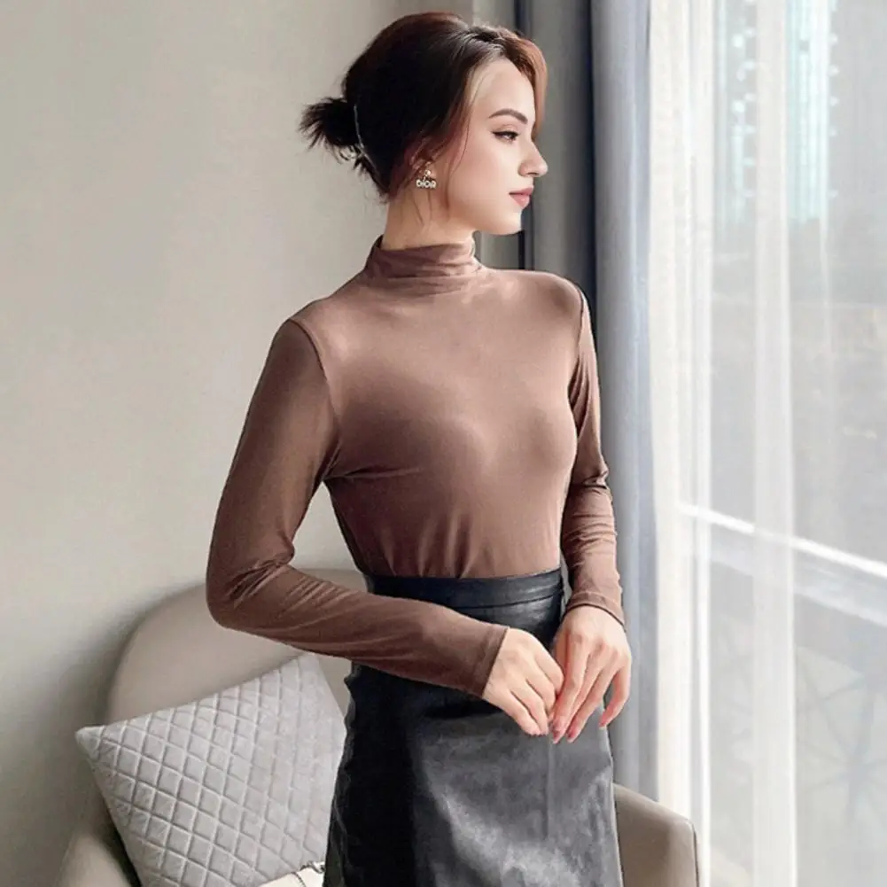 Solid Color Top Stylish Women's Long Sleeve Tops Slim Fit Half-high Collar Shirt Solid Color Bottoming Shirt for Daily Wear Work