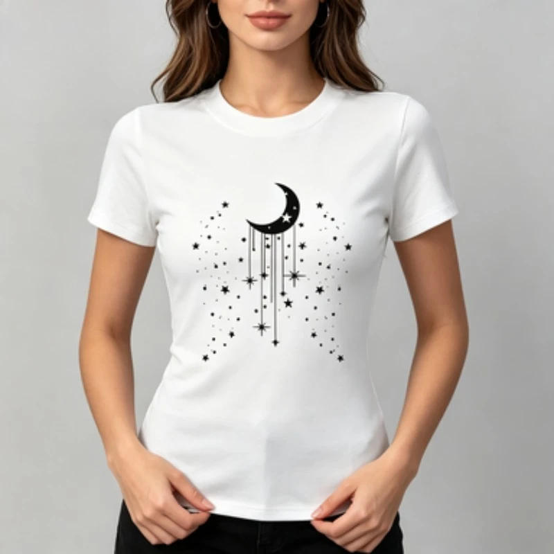 Modal Crew Neck T‑Shirt Elegant Crescent Moon & Star Constellation Graphic Print Celestial Night Sky Theme Casual Short Sleeve