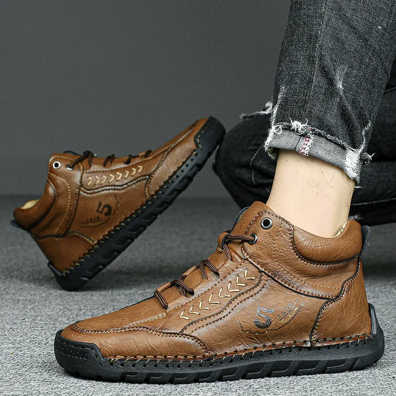

Мужская обувь ручной работы большого размера, мужские повседневные ботинки до середины икры, туфли без шнуровки с плоской подошвой, обувь для вождения