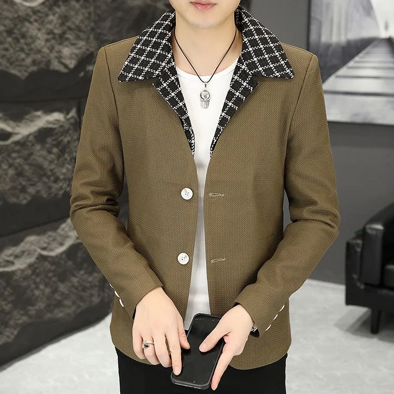 175 Double button suit jacket men\'s small suit trendy Korean style slim plaid suit