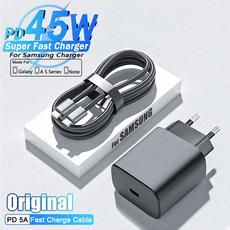 Original PD 45W Charger For Samsung Galaxy S22 S23 S21 S20 Ultra S10 Note 10+ 5G Plus A53 USB Type C Super Fast Charging Cable