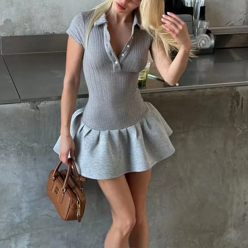 

Women's Fashion Short Sleeve Dress Slim Fit Button Up Turn-Down Collar Dress Hot Girl