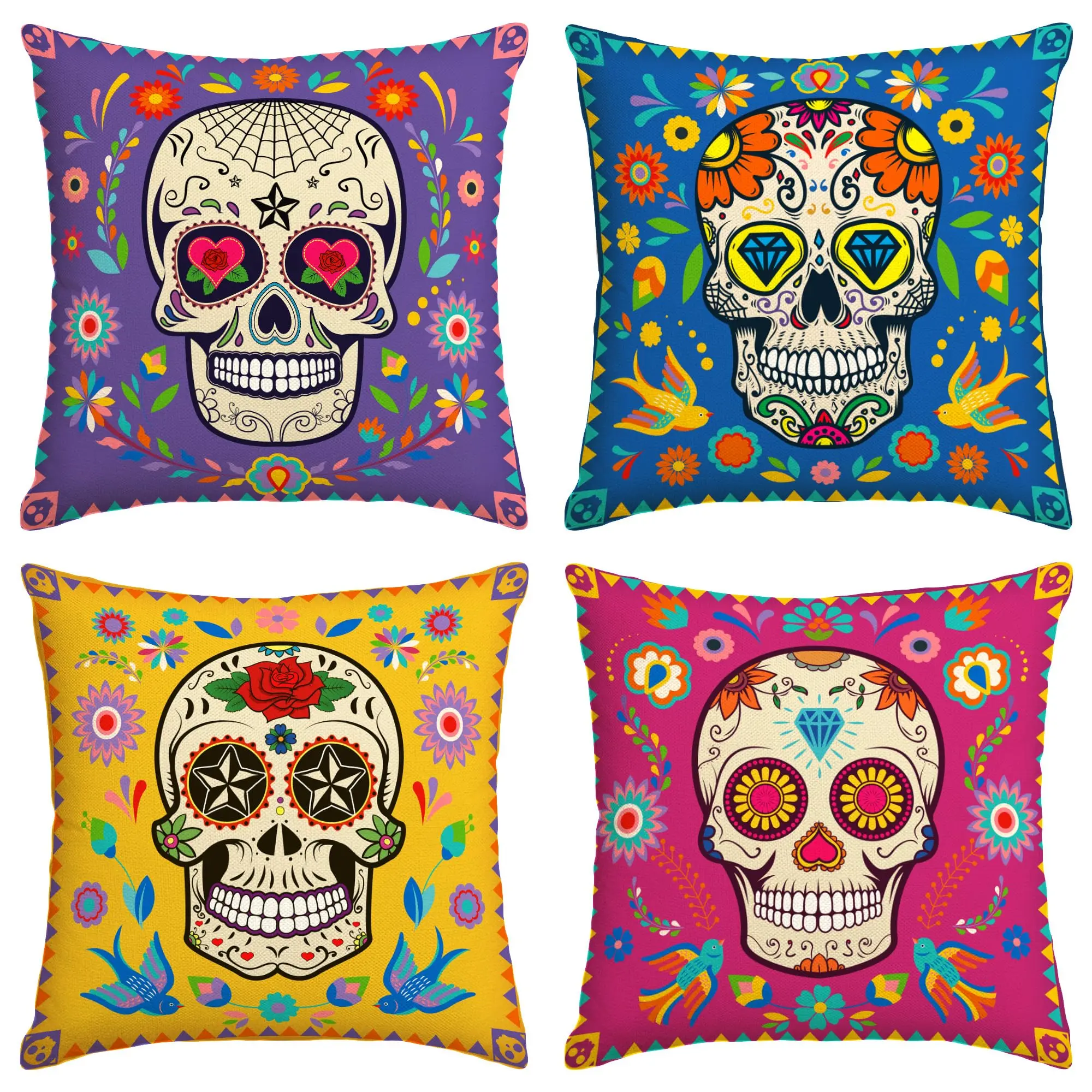 

Set of 4 Day of The Dead Pillow Covers Dia De Los Muertos Throw Pillow Case Mexican Sugar Skull Marigolds Floral Decor for Home