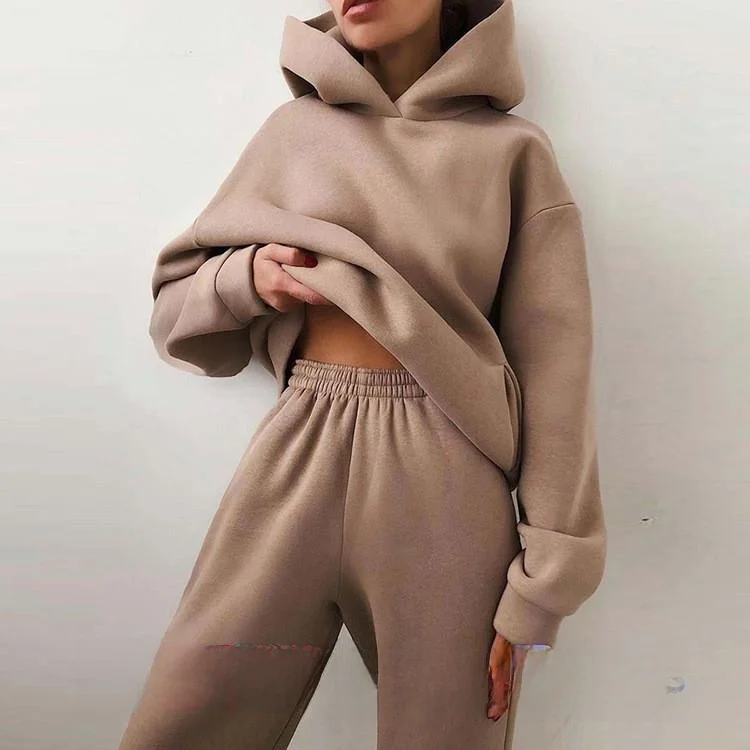 

Women's Thick Long Sweatshirt Set with Pants Autumn Fashion Pure Color Splicing Long Sleeve Two-Piece Suit for Ladies