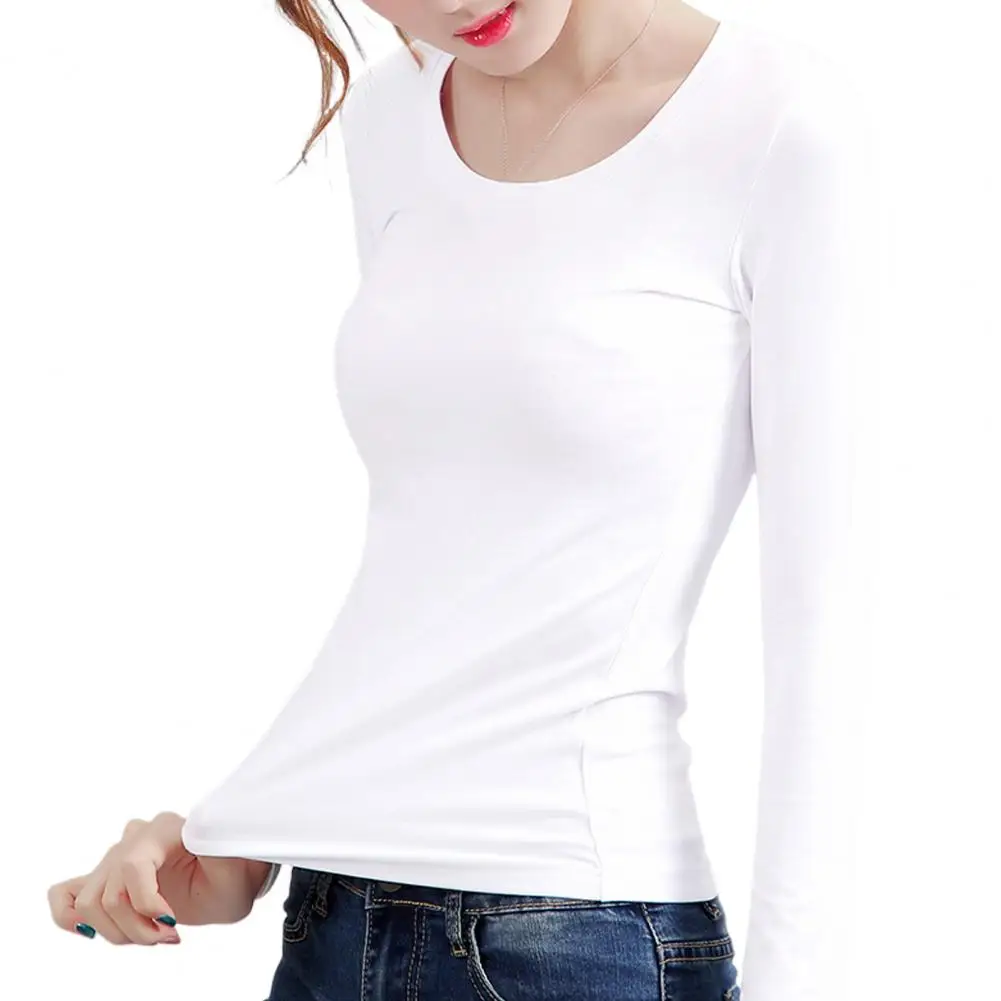 Women's Blouse Velvet Lined Tops Round Neck Long Sleeve Tee Shirt for Winter Slim Solid Color Warm Bottoming