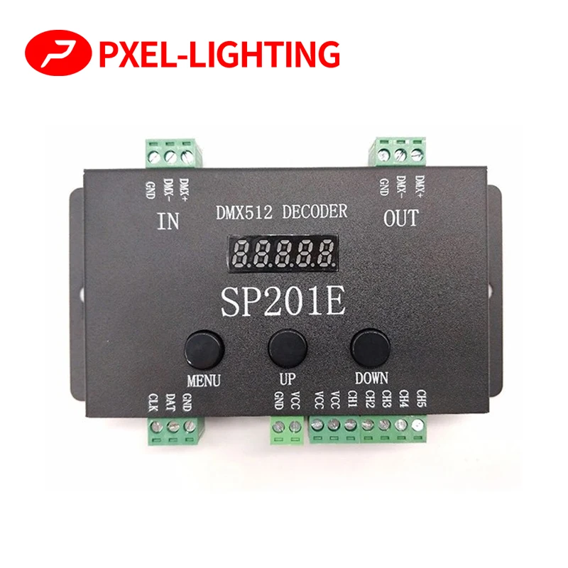 

WS2812B WS2811 DMX to SPI контроллер декодер, с 99 цветными режимами, SP201E 5 каналов DMX 512 RGB WW контроллер декодера для SK6812