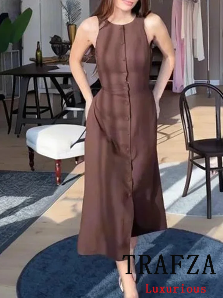 

TRAFZA High Street Chic Women Dress O-Neck Sashes Sleeveless Single Breasted Long Vestidos Fashion 2025 Summer Autumn Dress