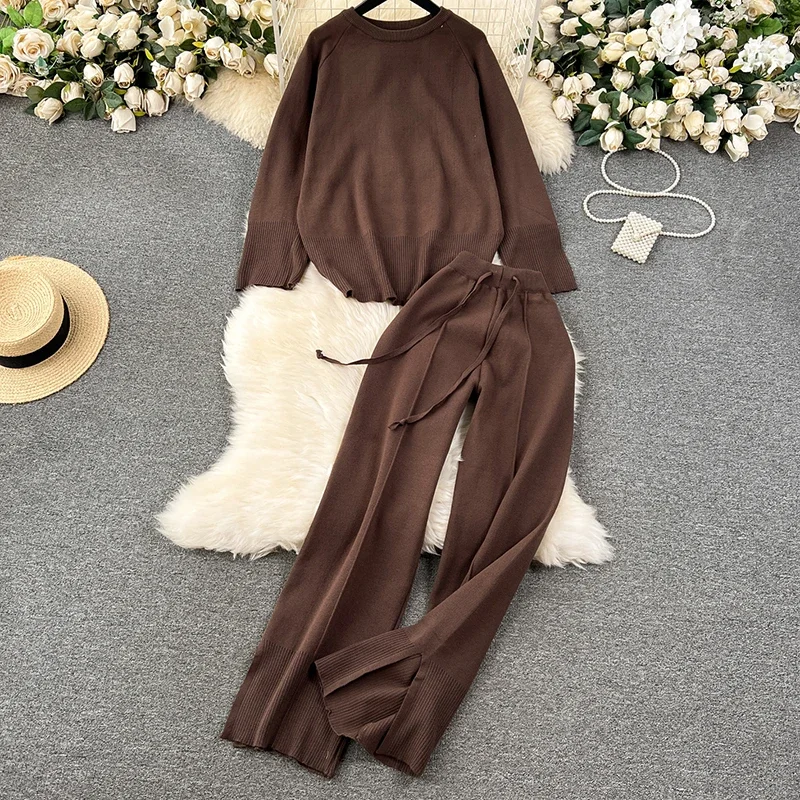 Set Autumn Winter Women Knitted Loose 2 Piece Sets Long Sleeve O-Neck Sweater and Wide Leg Pants Outfit Casual Office