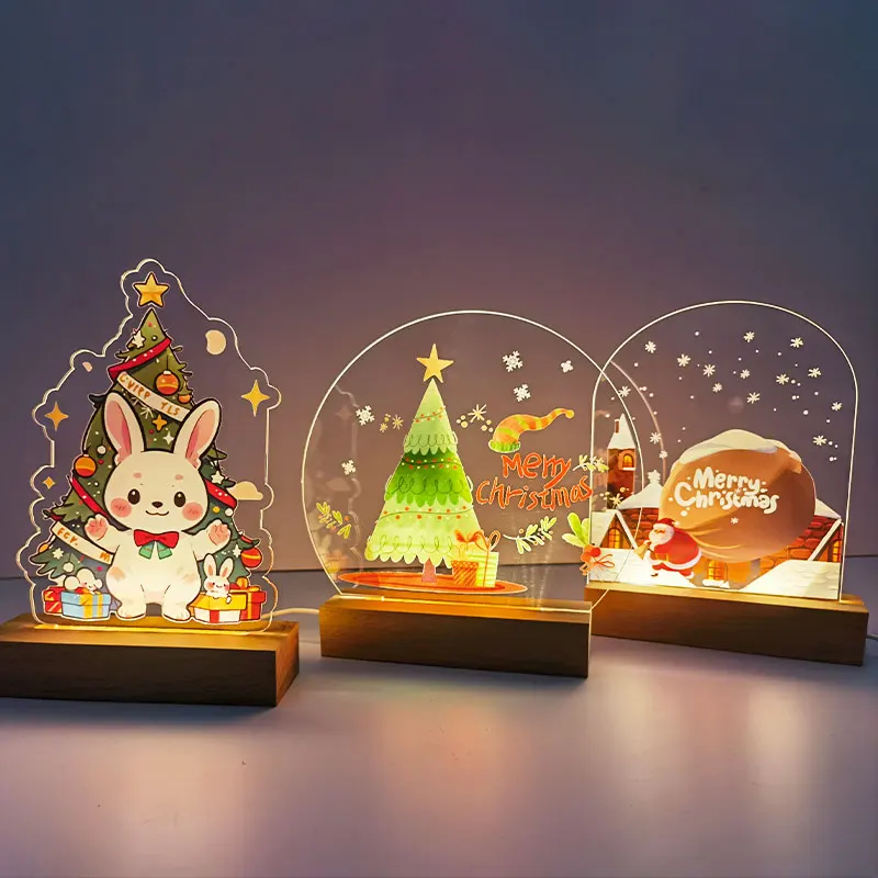 

Personalized Night Lamp Christmas Decoration USB LED Color Printing Night Light for Home Baby Mother Room Wooden Base NightLight