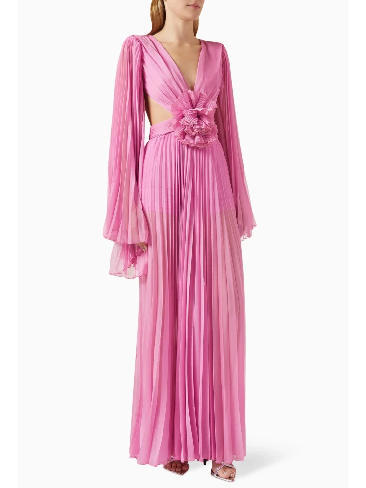 Sexy Deep V Neck Cutout 3DFlower Jumpsuit Women Pink Long Sleeve Pleats Floral Flare Jumpsuit Elegant Evening Party Runway Gowns