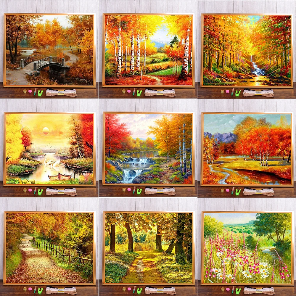 11CT/14CT DIY Cross Stitch Embroidery Kits Landscape Nature Autumn Forest Needlework Craft Kits Cotton Thread Printed Canvas