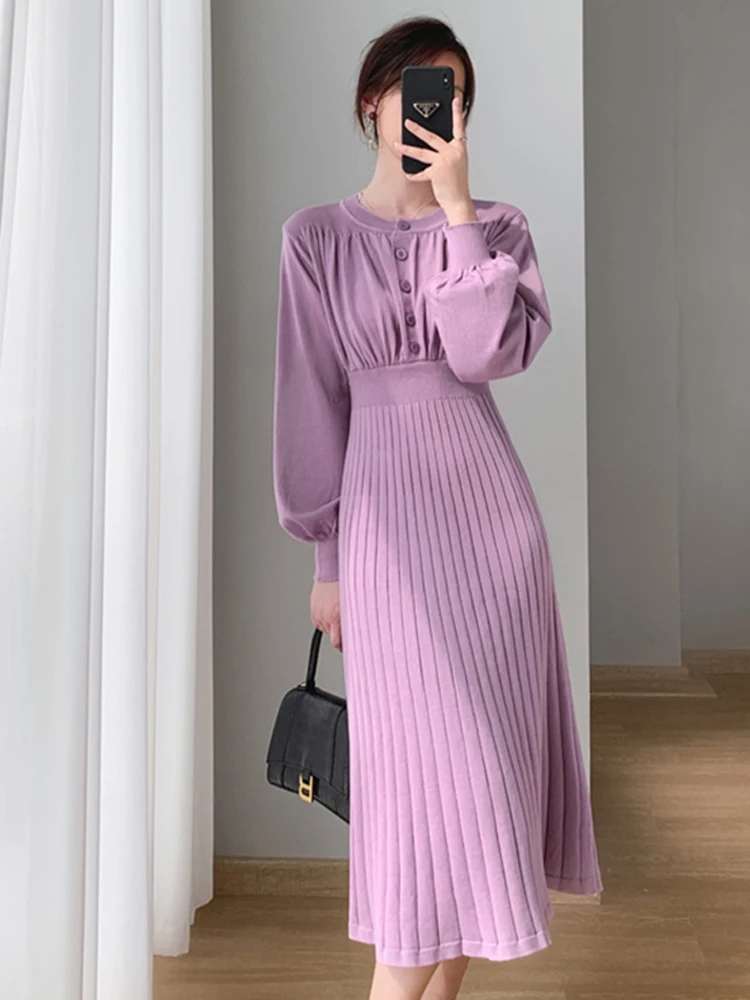 Vintage Knitted Dresses For Women Autumn Winter 2022 Lantern Sleeve Slim Fashion Long Sweater Dress Knee-Length Female Vestidos