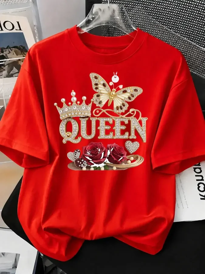 Birthday Queen Women T Shirt Gold Glitter Diamond Effect Graphic Printed Tees Y2k Pink Aesthetic Crown Butterfly Short Sleeve Casual Tops