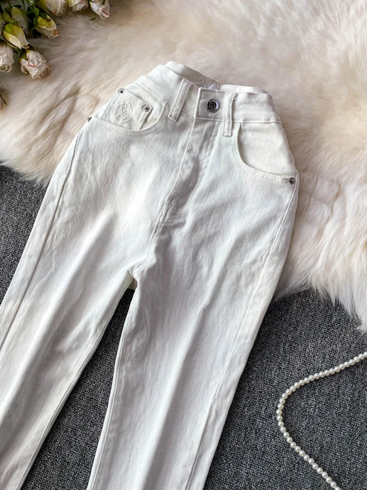 

American Retro High Waist Slim Wide Leg Bell Bot Jeans Women's Casual Design White Denim Bell Bot Faionable Distred