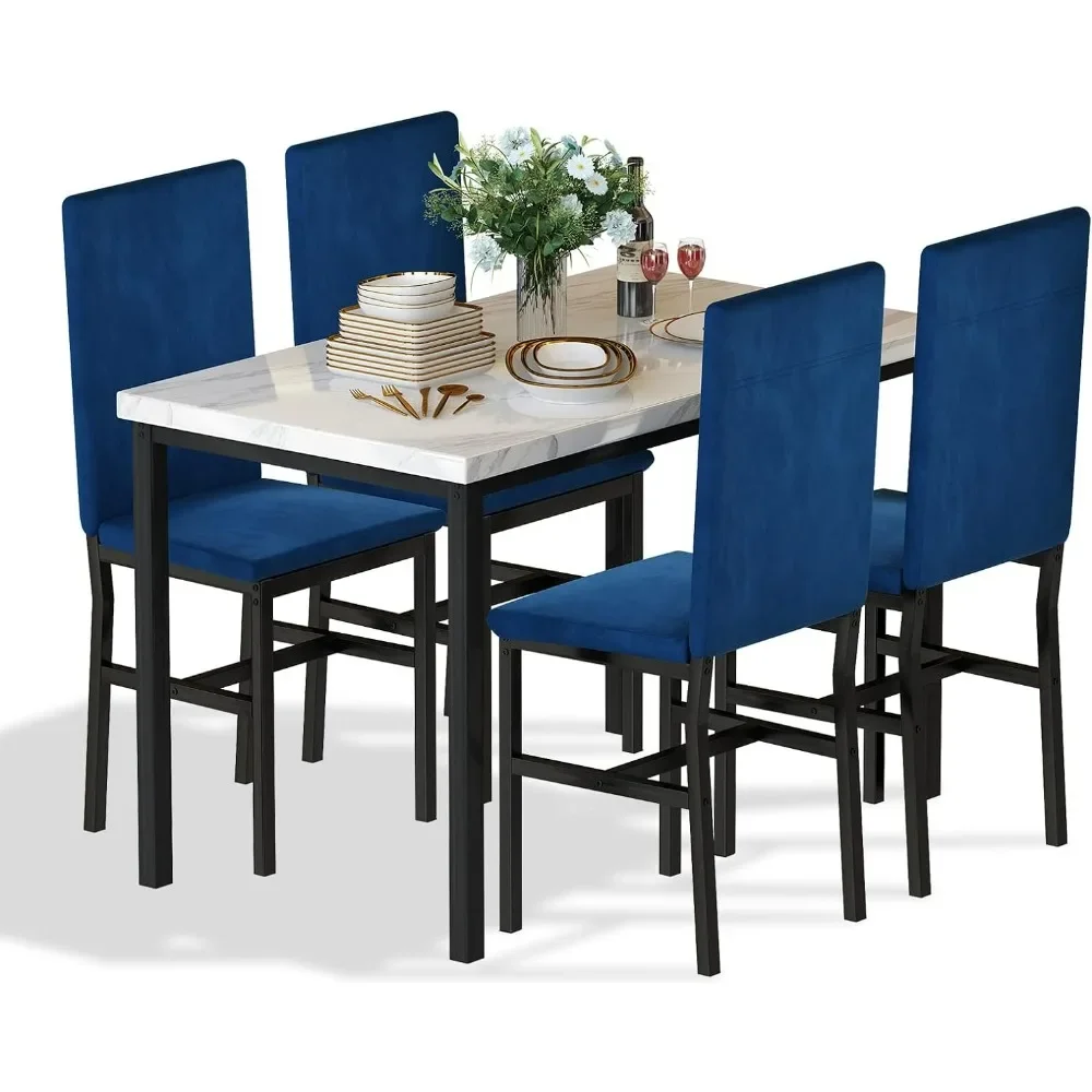 Dining Table Set for 4, Modern Style Faux Marble Tabletop & 4 Blue Velvet Chairs for Dining Room, Kitchen,Breakfast Small Spaces