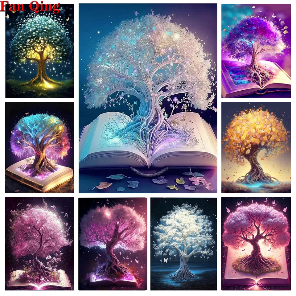 Magic Fantasy Book Diamond Mosaic 5D Tree Of Life Diy Diamond Painting Gold Tree Landscape Embroidery Fairy Tale World Wall Art