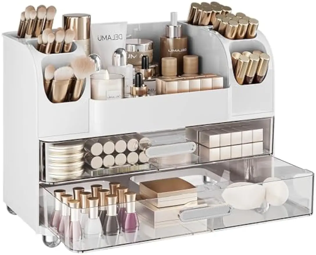 

6-Brush Makeup Organizer with 2 Drawers, Vanity Display Case in Light White, Perfect Gift for Women and Girls