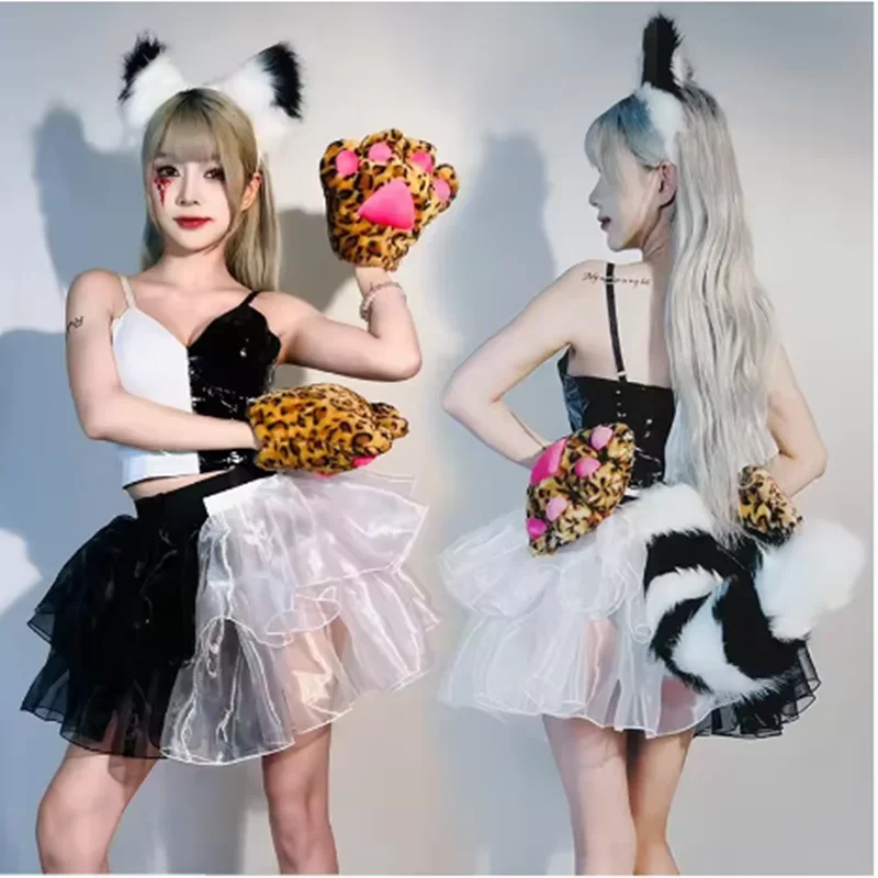 

Halloween Costumes Gogo Party Show Outfit Black White Stage Performance Suit Mesh Skirt Festival Rave Clothing Cosplay yj906