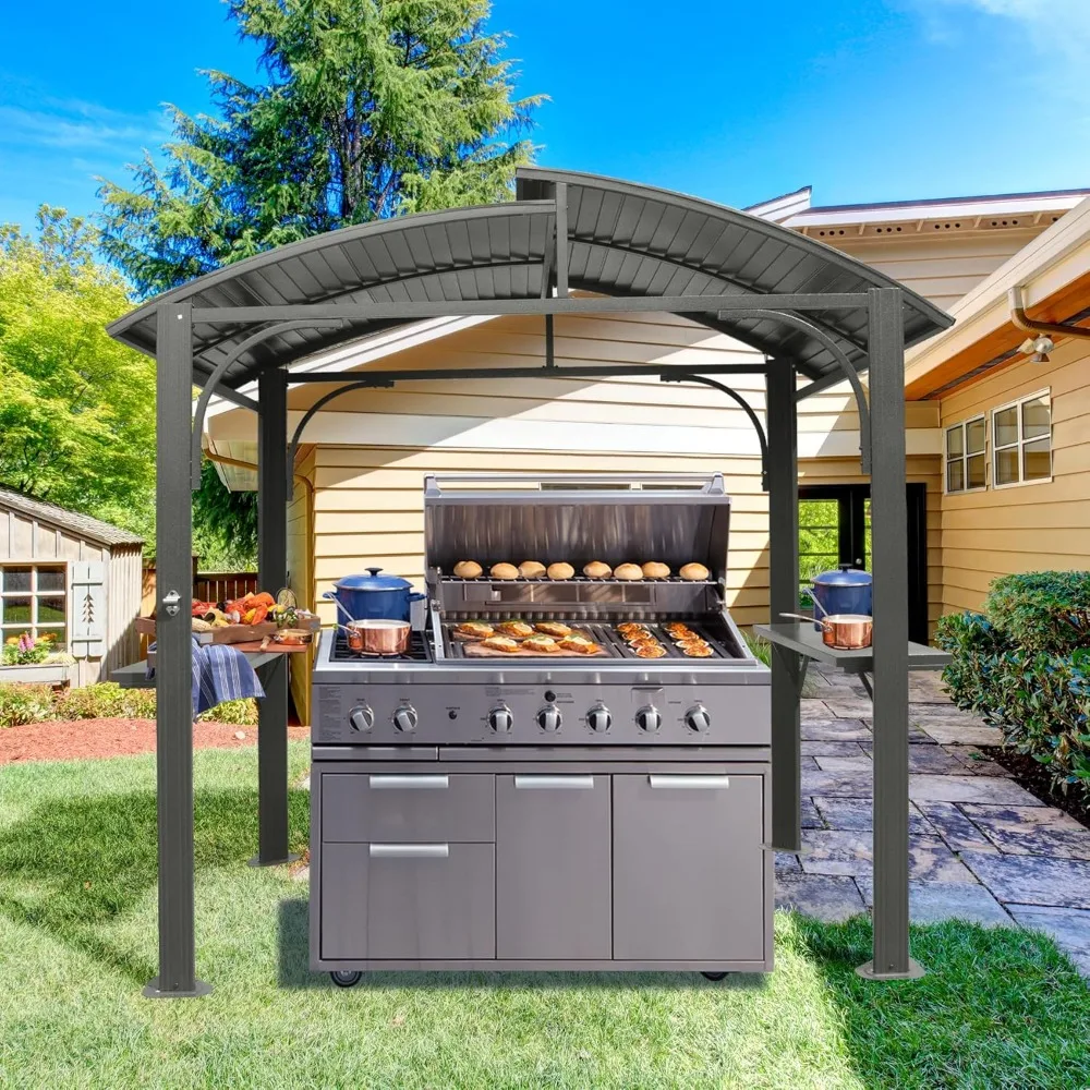 

Hard Top Barbecue Pavilion 8x5FT, Outdoor Barbecue Pergola with Double-layer Galvanized Steel Roof and 2 Side Frames