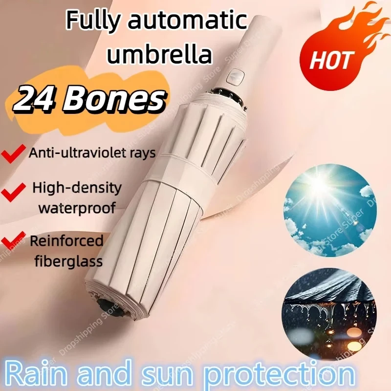 SPF 50 UV Protection Black Adhesive 24 Bone Folding Fully Automatic Rain Resistance Strong Wind Resitance Umbrella 2026 New