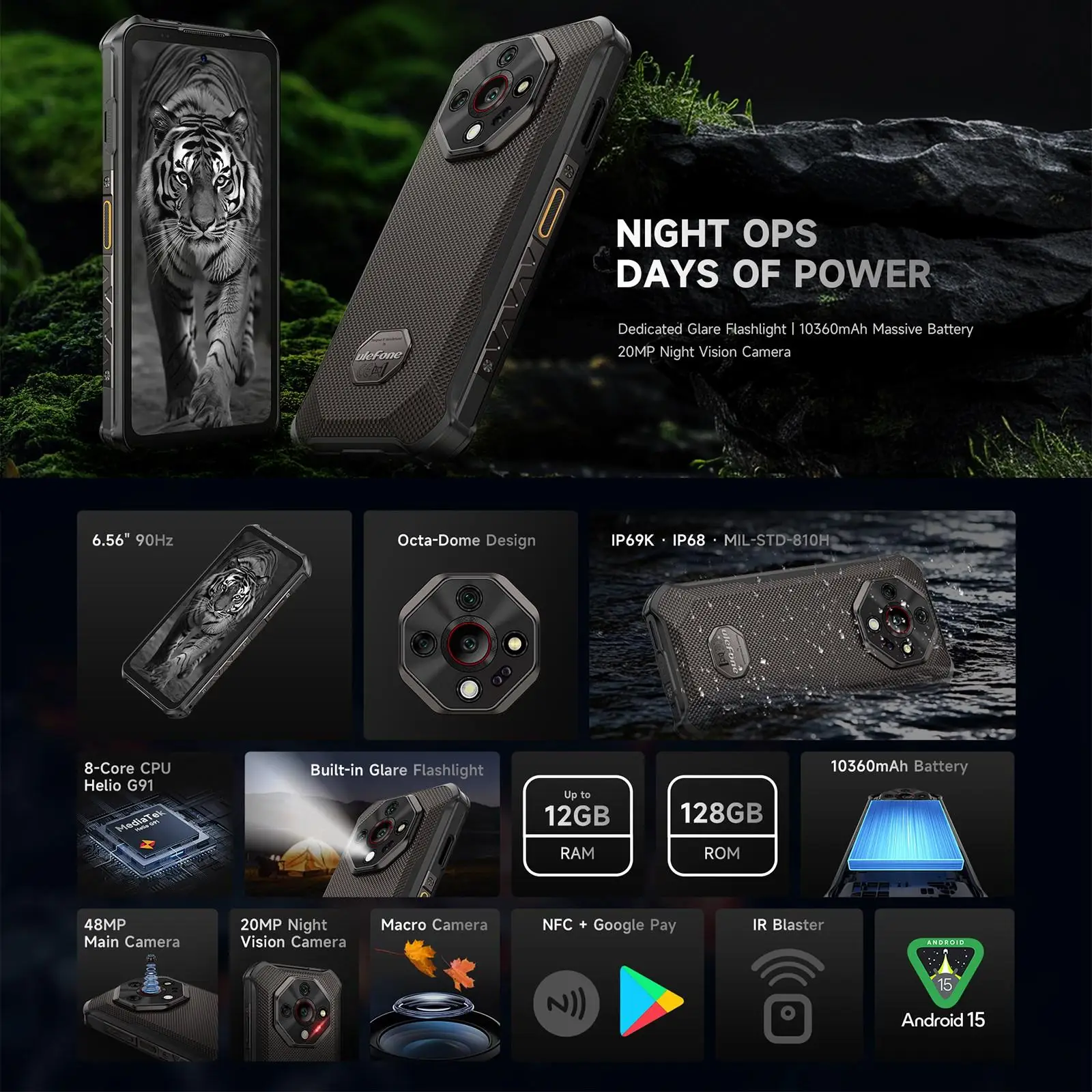 Ulefone Armor X16 Smartphone resistente 10360mAh Batería 128GB ROM 120Hz 6.56 "NFC Android 15 Cámara nocturna 48MP 4G