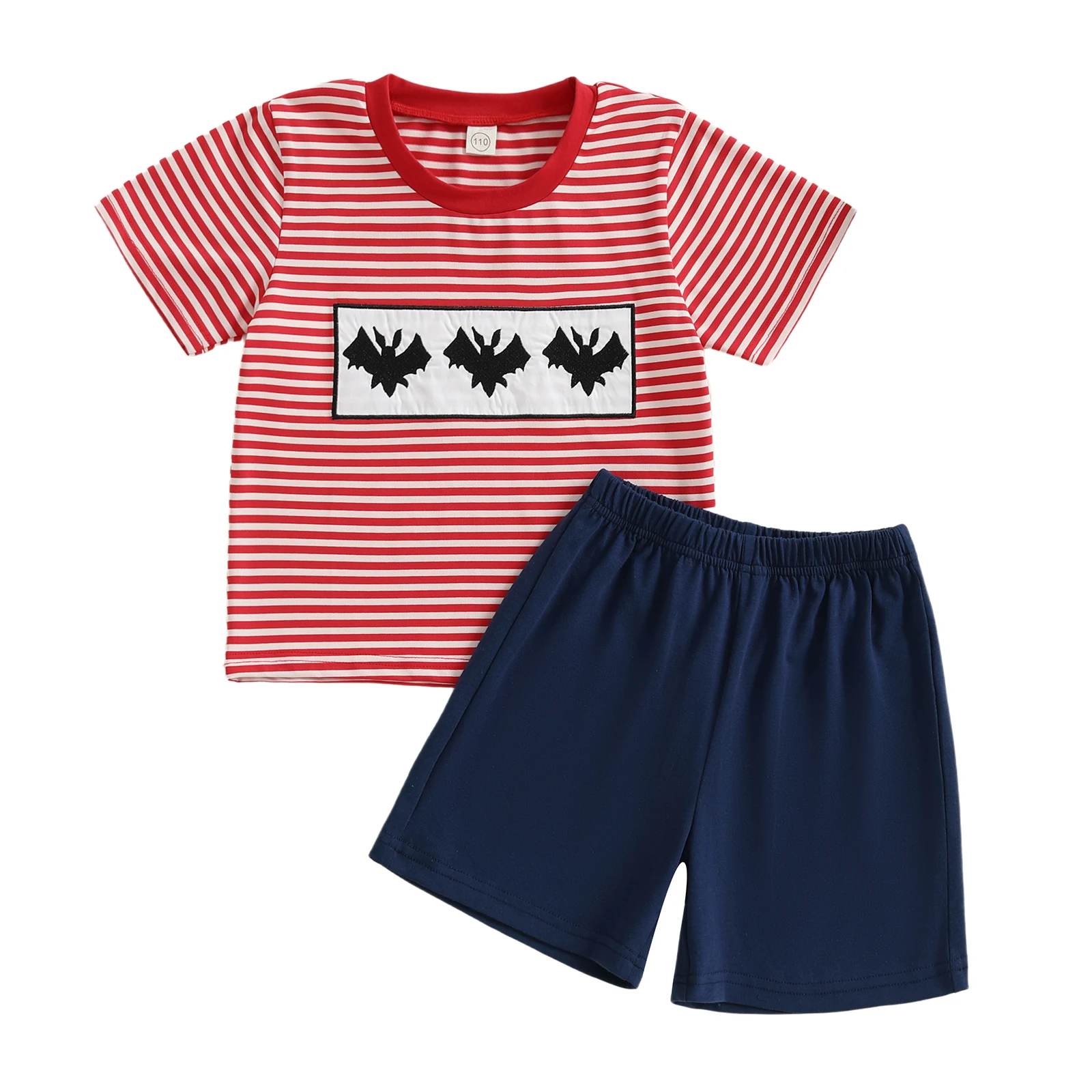 

Toddler Kids Halloween Outfits Bat Embroidery Stripe Short Sleeve Round Neck T-Shirts with Solid Shorts 2Pcs Set