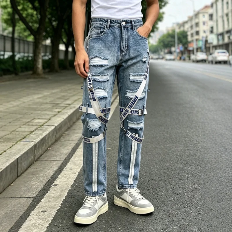 2026 American Retro Y2K Style Strap Design Washed Blue Slim Ripped Jeans Pants For Men Clothing Streetwear Luxury Denim Trousers