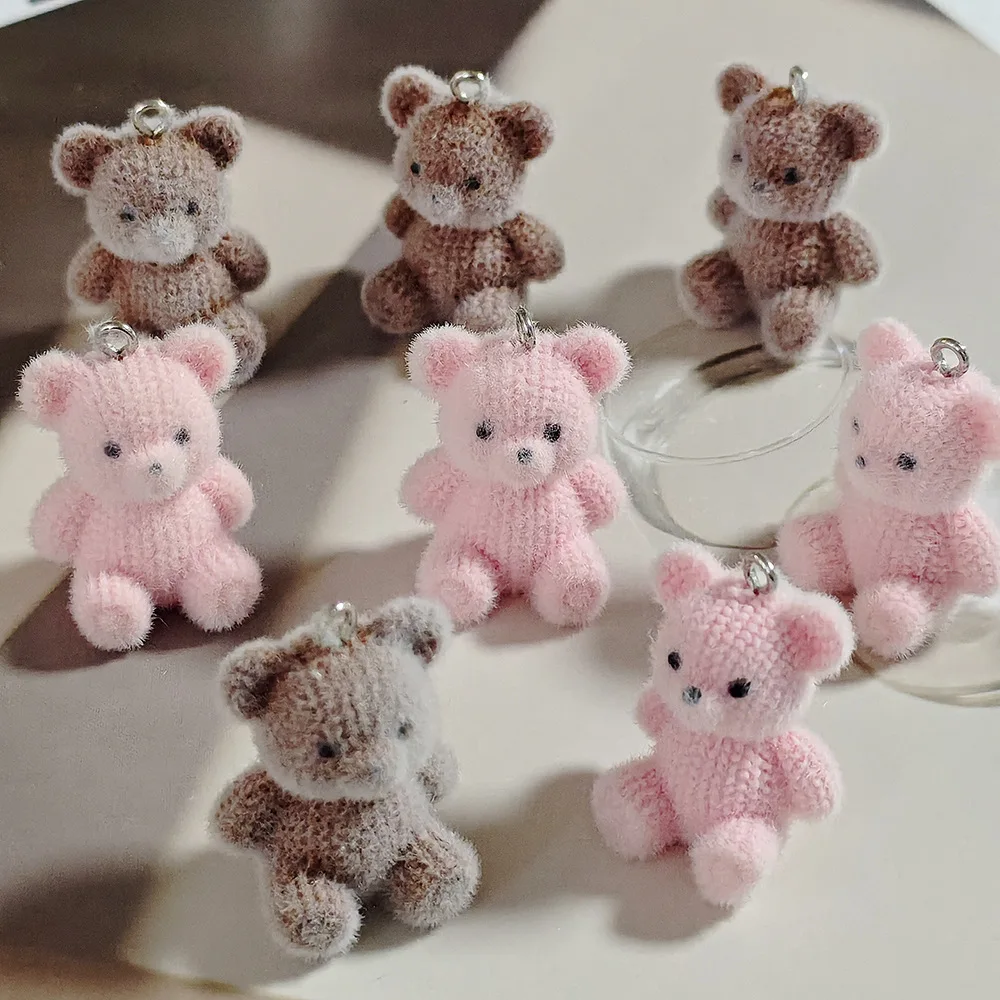 30Pcs 3D Fluffy Bear Resin Charms Kawaii Flocked Cartoon Bear Pendants for Keychain DIY Necklace Jewelry Making Accessories