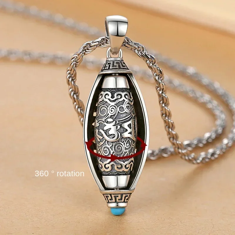 CHUANGCHENG 925 Silver Buddhist Six Character True Word Sutra Turning Barrel for Men and Women Necklaces Retro Rotating Pendant