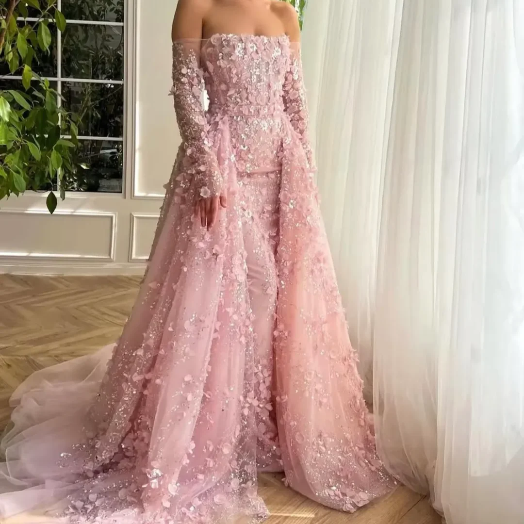 فساتين لحضور الحفلات الموسيقية الفاخرة باللون الوردي مع زينة من الدانتيل والترتر بدون أكتاف وأكمام طويلة ثوب مسائي رائع مخصص 2025