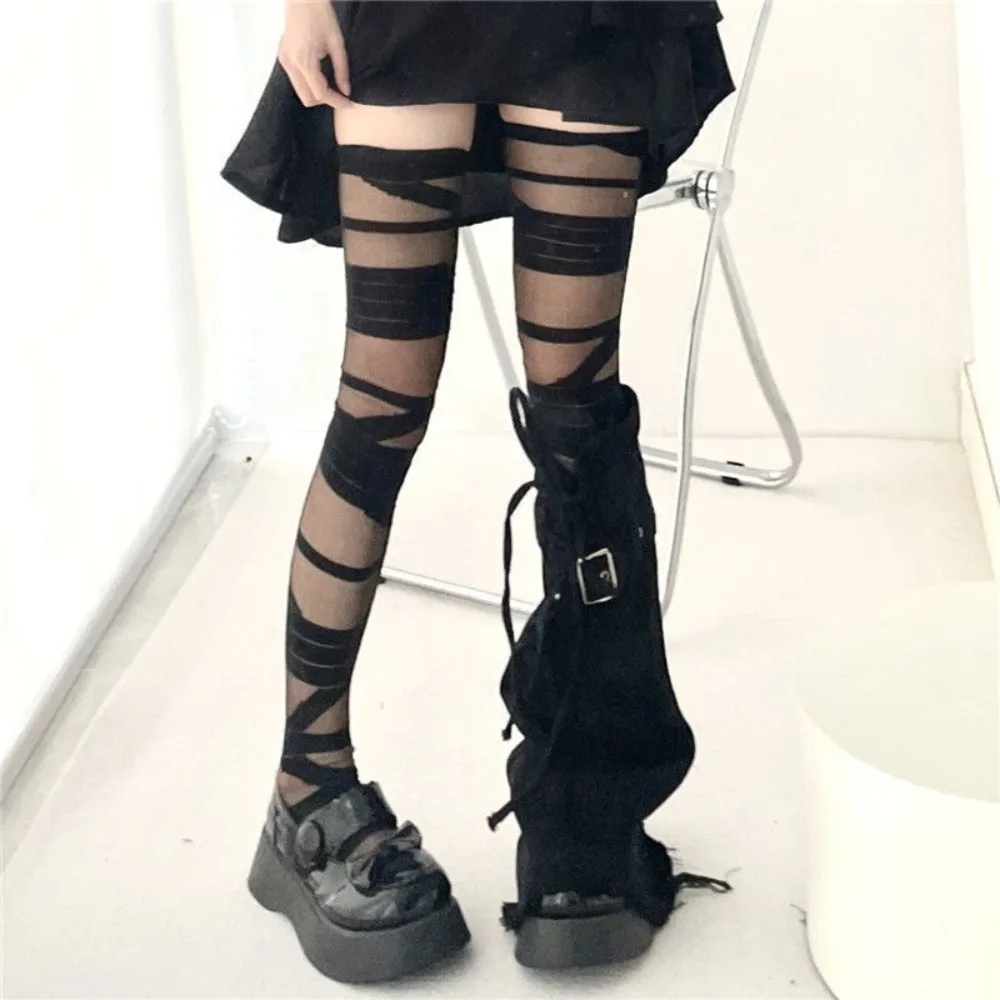 Casual Nylon Transparent Stripe Stockings Lolita JK Style Elastic High Tube Long Socks Ultra-thin Pile Up Hosiery Summer