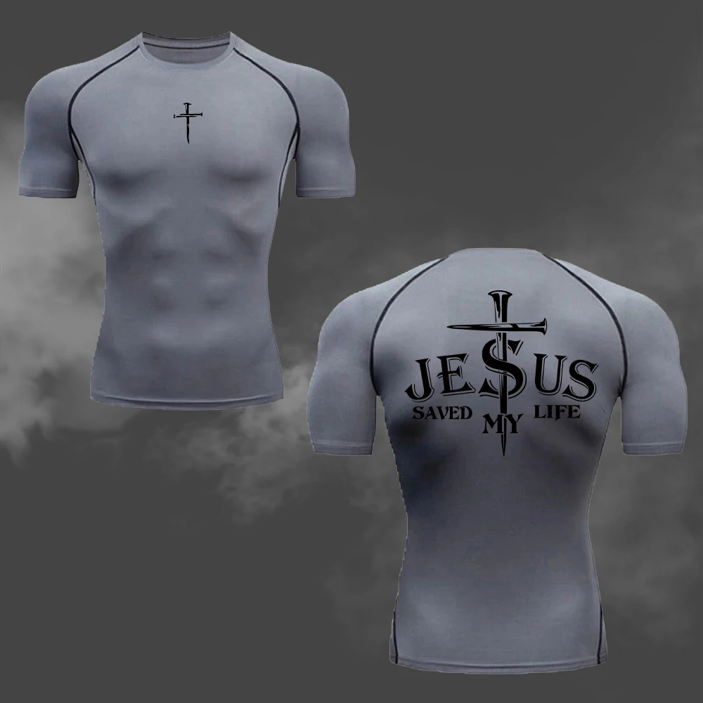 Herren-Kompressions-T-Shirt mit Jesus-Kreuz-Doppeldruck, schnell trocknend und atmungsaktiv, kurzärmelig, für Fitness, Gym, Laufen, Training – Detail 11