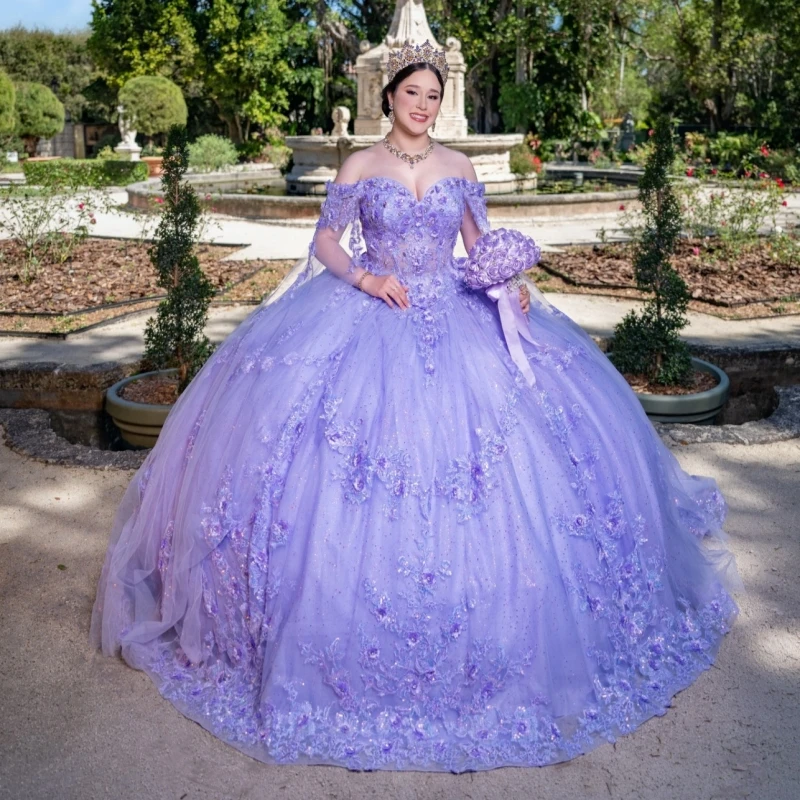 

Light Lavender Shiny Ball Gown Quinceanera Dresses Applique Flower Beading Crystal Tull Corset Off Shoulder Sweet 16 Dress vesti