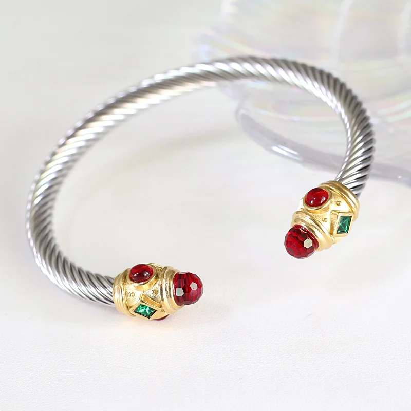 Vintage Style Titanium Cuff Bracelet with Colorful Rhinestones for Women