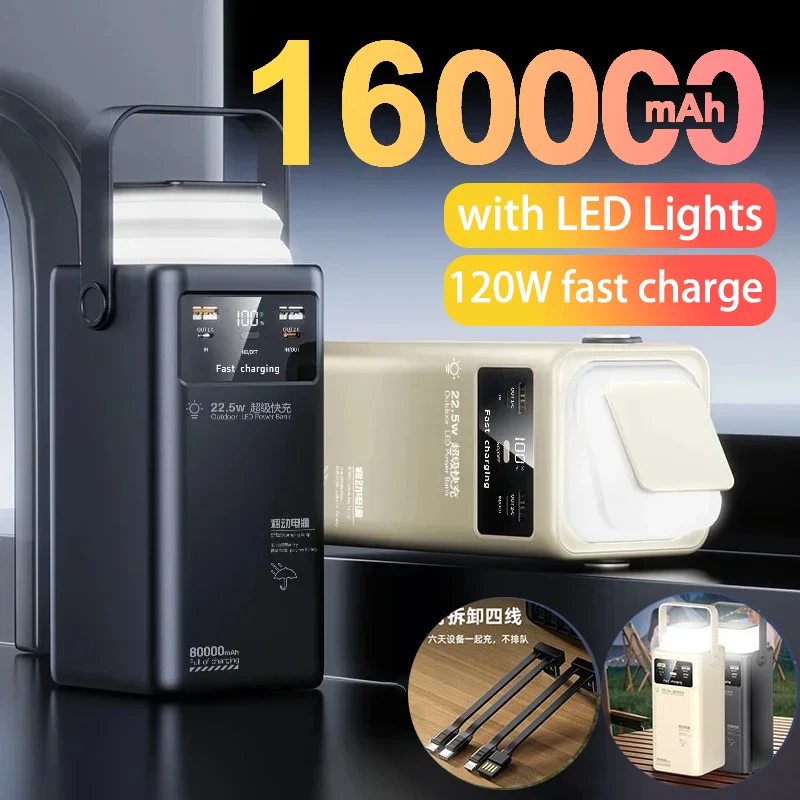 

160000mAh Large Capacity Power Bank Outdoor Camping Portable Charger External Battery 120W Fast Charging Powerbank for IPhone