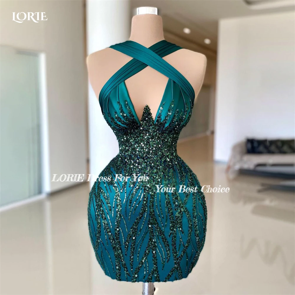 LORIE Royal Green Glitter Cocktail Party Gown Sequin Halter Pleat Mini Evening Dresses Dubai Arabia Sparkly Prom Gown Customized