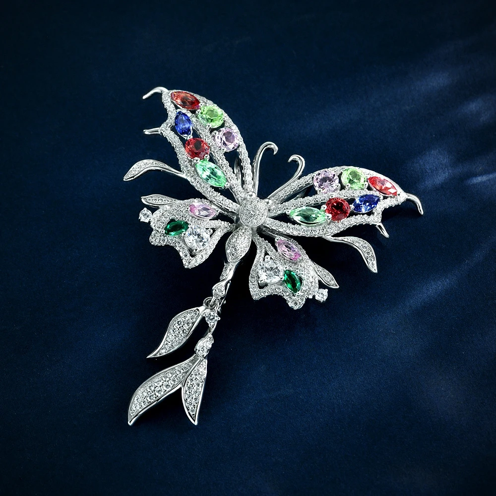 Wong Rain Luxury 925 Sterling Sliver Butterfly Sapphire High Carbon Diamond Gemstone Sparkling Colorful Brooch Brooches Jewelry