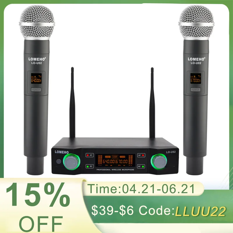 UHF Karaoke Wireless Microphone Dual Channel 2 Handheld Fixed Frequency Dynamic Mic Professional Transmitter System  LO-U02